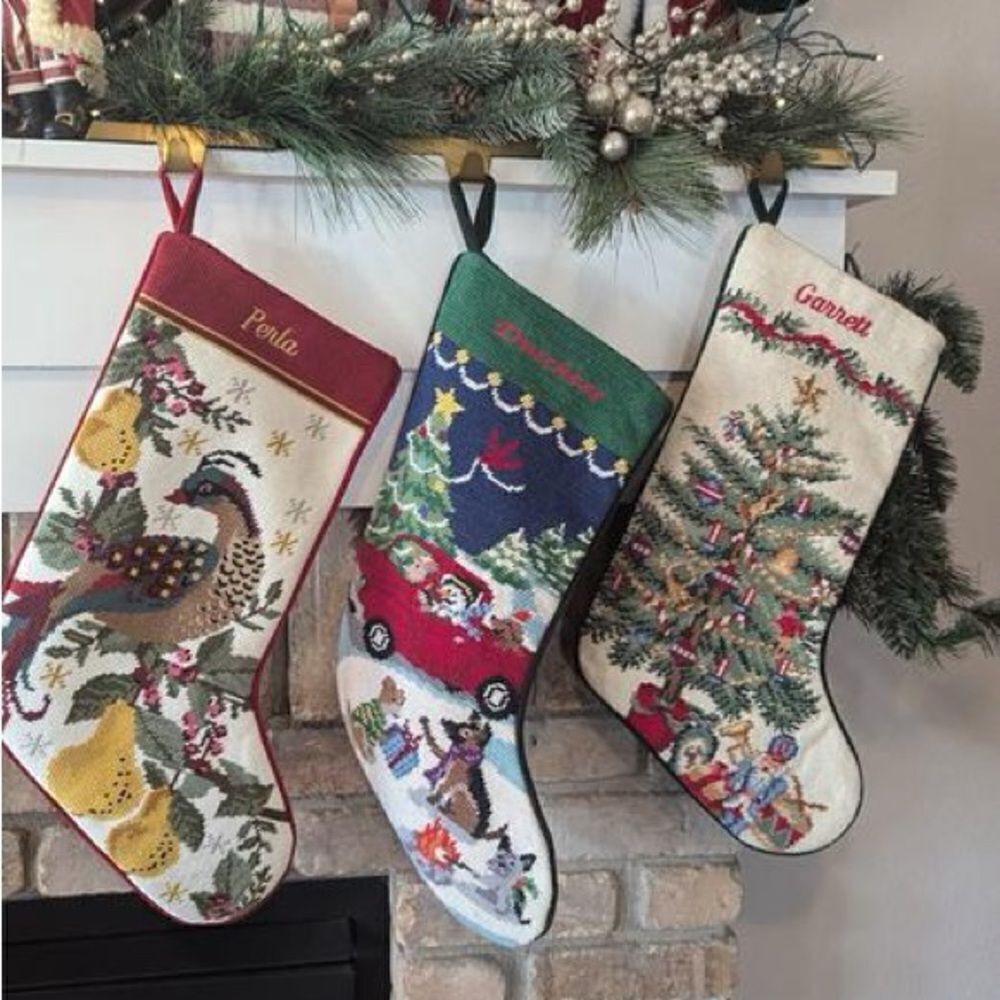 Land's End holiday stocking needlepoint ZOEY embroidered cotton velvet back New